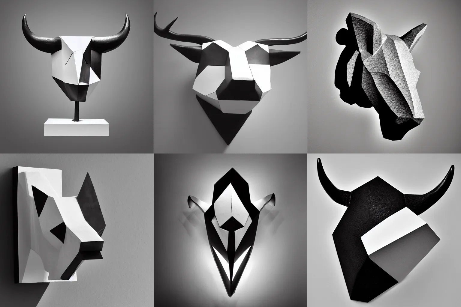 Prompt: bull head cubist sculpture black and white hard light