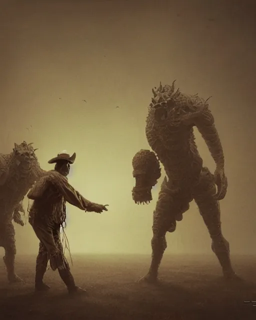 Image similar to cowboys vs kaiju, vintage old, sepia, retrofuturism sci - fi old movie, highly detailed, photorealistic, 8 k, by beksinski and stalenhag