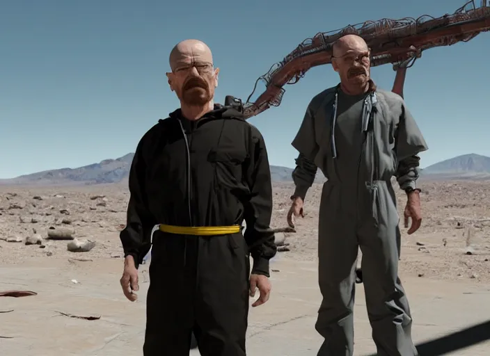 Image similar to film still of Walter White as Gordan Freeman wearing Black Mesa Jumpsuit in the Half Life Movie, 4k