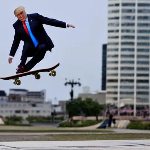 Image similar to donald trump doing a kickflip on a skateboard