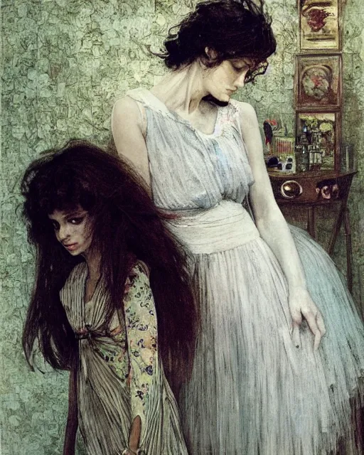 Prompt: two gorgeous but creepy siblings in layers of fear, with haunted eyes and wild hair, 1 9 7 0 s, seventies, wallpaper, a little blood, moonlight showing injuries, delicate embellishments, painterly, offset printing technique, by coby whitmore, jules bastien - lepage