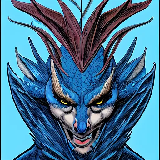 Image similar to head and shoulders porrtrait of a medieval fantasy anthropomorphic blue dragon - human hybrid with electrcity magic, fantasy, d & d, high details, art by phil noto and frank miller