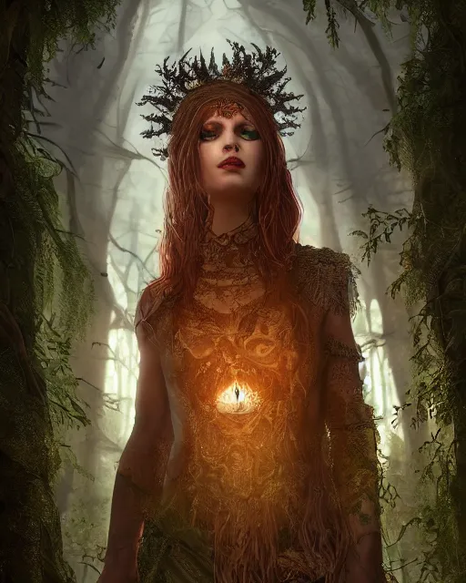 Image similar to Beautiful art portrait of Melissa Rquch as a fantasy gothic priestess in a bright temple surrounded by lush forest, atmospheric lighting, intricate detail, cgsociety, hyperrealistic, octane render, RPG portrait, ambient light, dynamic lighting