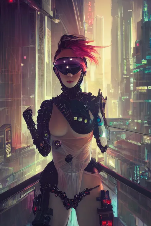 Image similar to portrait futuristic Ninja Girl, in future cyberpunk tokyo rooftop , ssci-fi, fantasy, intricate, very very beautiful, elegant, neon light, highly detailed, digital painting, artstation, concept art, smooth, sharp focus, illustration, art by tian zi and WLOP and alphonse mucha