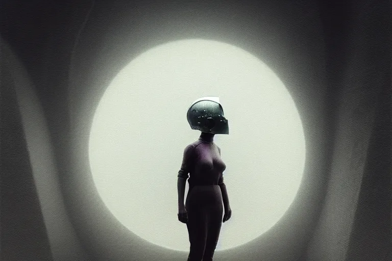 Prompt: woman wearing a futuristic helmet standing in a virtual world, in the style of beksinski, solarpunk, atmospheric, clean, intricate and epic composition, gray by caravaggio, insanely quality, highly detailed, masterpiece, white light, artstation, 4 k