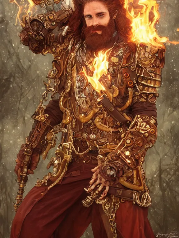 Prompt: full body picture of male steampunk pyromancer, burning brass armor, ornamental, burly, white skin, long red hair, beard, high fantasy, burning forest background, highly detailed, detailed face, smooth, sharp focus, digital painting, by artgerm and greg rutkowski and alphonse mucha