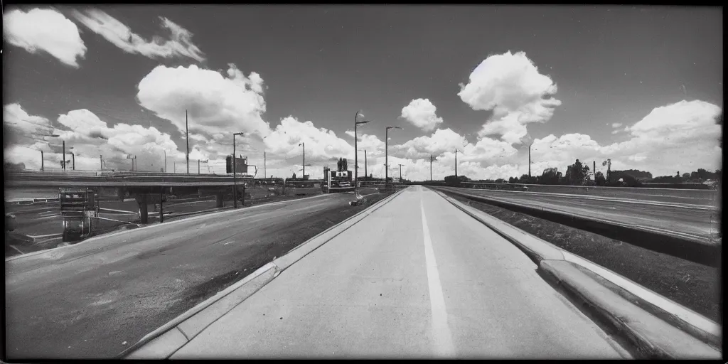 Prompt: Detailed analog polaroid photograph of an abandoned freeway overpass, interchange, gigantic clouds visible, high contrast, film grain, 8k, azure tones, red color bleed, gigantic neon signs