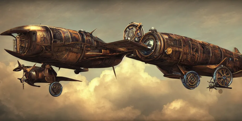 Image similar to steampunk plane, concept art, industrial design, detailed, 8 k, realistic, octane render, detailed cogwheels, smooth curves, azure sky