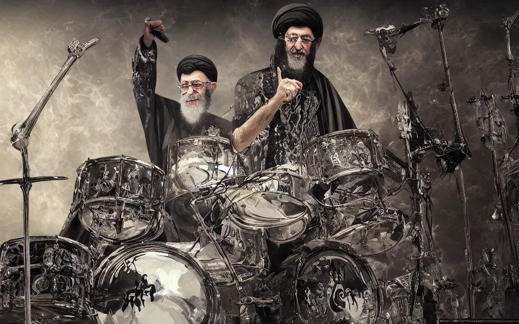 Image similar to khamenei playing drums in heavy metal band in hell hanged bodies in horizon, high definition, trending on artstation, unreal engine, photorealistic, high resolution,, trending on deviantart, hdr, hyper detailed, insane details, intricate, elite, ornate, elegant, luxury, dramatic lighting