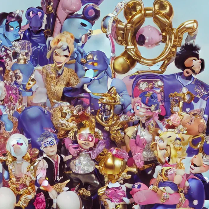 Image similar to jeff koons hip hop bauhaus style street sharks sailor moon wearing diamond grillz and a ton of bussdown iced gold bling in wallace & gromit strata - cut claymation, ultra realistic, concept art, intricate details, serious, highly detailed, photorealistic, octane render, 8 k, unreal engine, art by alphonse mucha