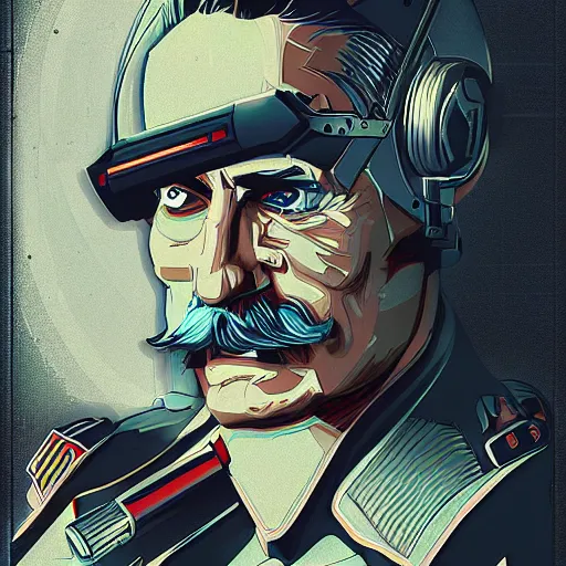 Prompt: cyberpunk joseph stalin, cybernetics, sharp lines, digital, artstation, colored in