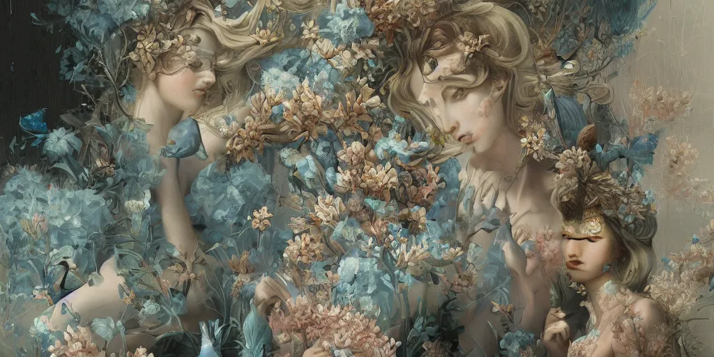 Image similar to breathtaking detailed concept art painting art deco pattern of blonde faces goddesses amalmation light - blue flowers with anxious piercing eyes and blend of flowers and birds, by hsiao - ron cheng and john james audubon, bizarre compositions, exquisite detail, extremely moody lighting, 8 k