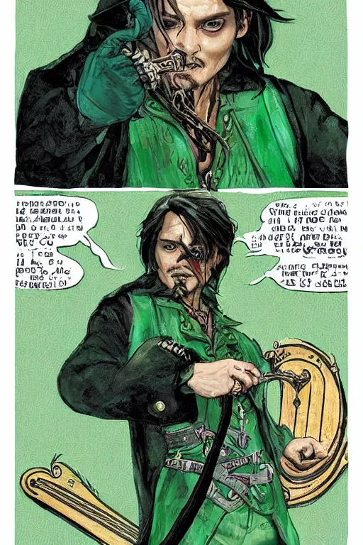 Image similar to Breathtaking comic book style of Johny Depp portrayed as a Dungeons and Dragons bard, playing the lute and wearing a pale green jacket in the style of Ralph Dorsey