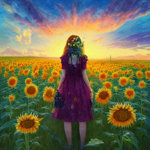 Prompt: girl with a sunflower face, surreal photography, bizzare, dreamlike, otherworldly, standing in flower field, in a valley, sunrise dramatic light, impressionistic painting, colorful clouds, artstation, simon stalenhag