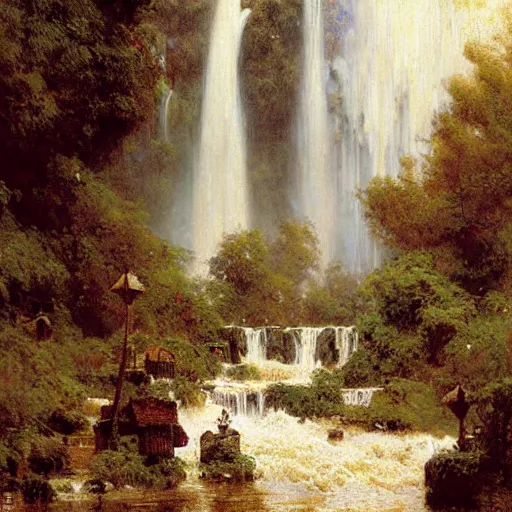 Prompt: waterfall flooding an entire village. victorian age. highly detailed painting by gaston bussiere, craig mullins, j. c. leyendecker