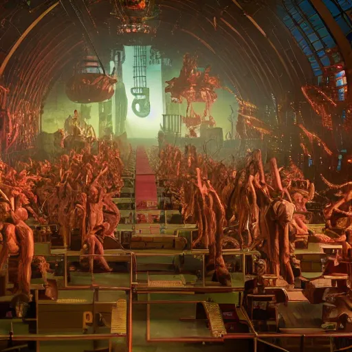 Image similar to willy wonkas chocolate factory set in hell epic scene, redshift render, cgi, hyper - detailed, photo - bash, 8 k post - production, masterpiece