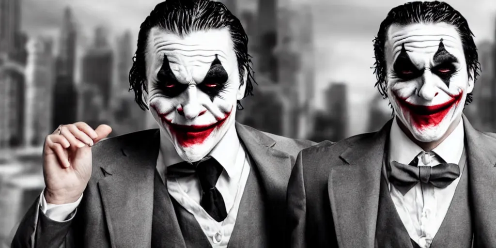 Image similar to joker wearing a suit style, photograph, grinning, creepy,