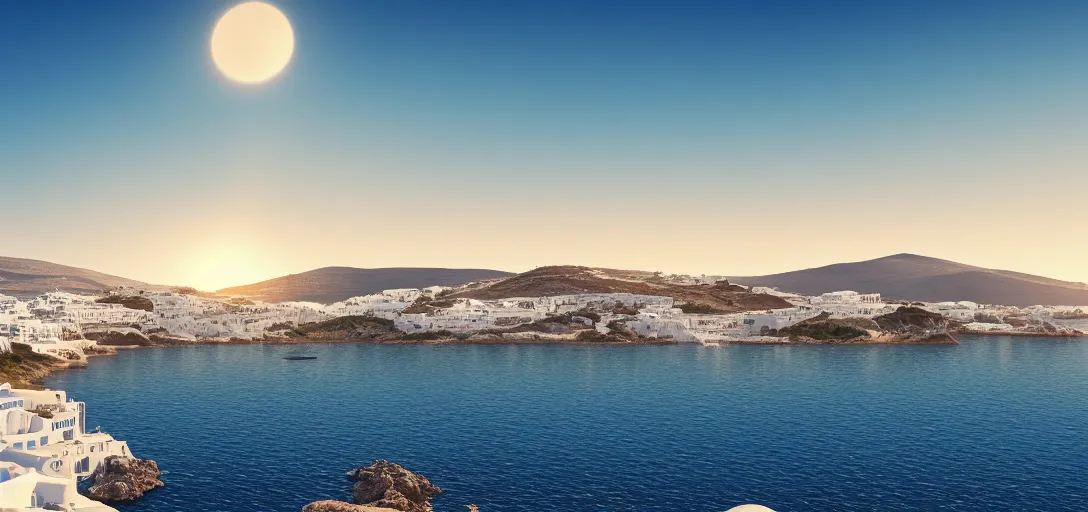 Image similar to beautiful peaceful grecian landscape in summer, blue skies, hills in the far background distance, sea reflecting of the sun, white buildings, mykonos, cinematic lighting, soft glow, wide angle, focus, 3 d artstation render, unreal engine