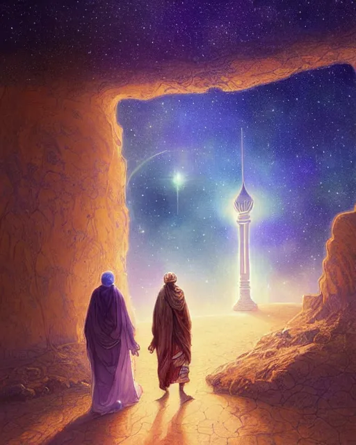 Image similar to bedouin man and woman and child in galaxy walking towards mosque surrounded by nebula, highly detailed, gold filigree, romantic storybook fantasy, soft cinematic lighting, award, disney concept art watercolor illustration by mandy jurgens and alphonse mucha and alena aenami, pastel color palette, featured on artstation