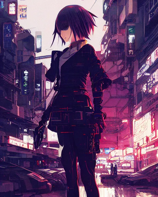 Image similar to kyoto animation, cool lady wearing cyberpunk intricate streetwear, beautiful, detailed portrait, cell shaded, 4 k, concept art, by wlop, ilya kuvshinov, artgerm, krenz cushart, greg rutkowski, pixiv. cinematic dramatic atmosphere, sharp focus, volumetric lighting, cinematic lighting, studio quality