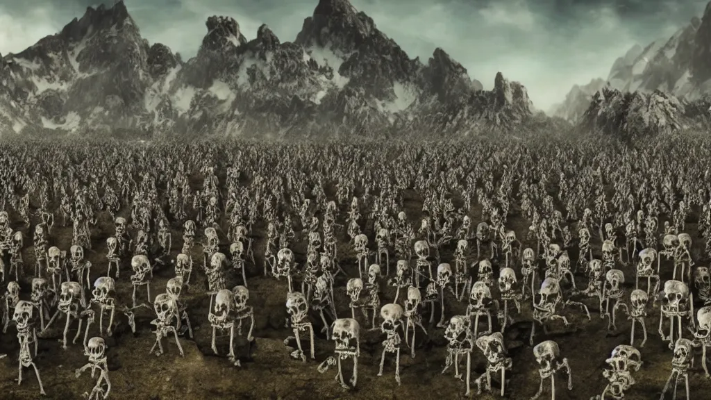 Image similar to army of skeletons In front of a mountain, cinematic,