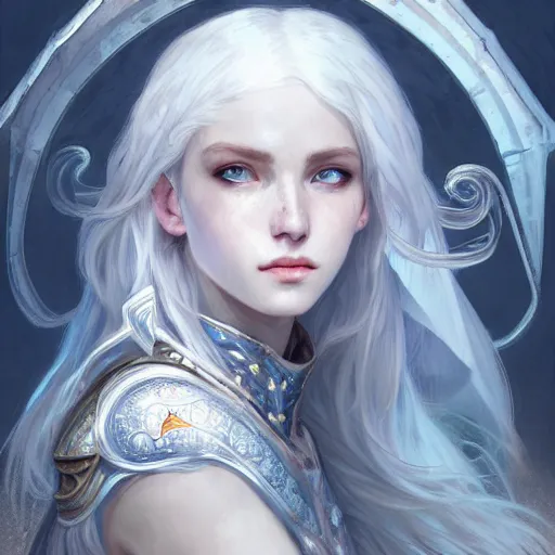 Image similar to portrait white hair knights of Zodiac girl, Sliver ice color reflected armor, in ruined Agora of Athens Sunrise, ssci-fi and fantasy, intricate and very very beautiful and elegant, highly detailed, digital painting, artstation, concept art, smooth and sharp focus, illustration, art by tian zi and WLOP and alphonse mucha