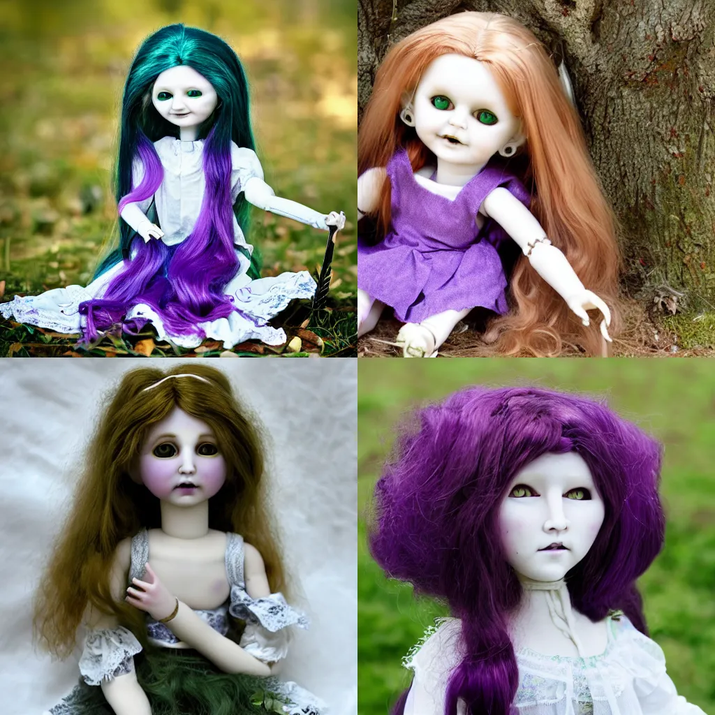 Prompt: blursed doll with long purple hair, green eyes, porcelain, photography, mattell, antique, 90s, haunted, sitting under a tree, gingerbread, Victorian, ball jointed, scythe, realistic, broken