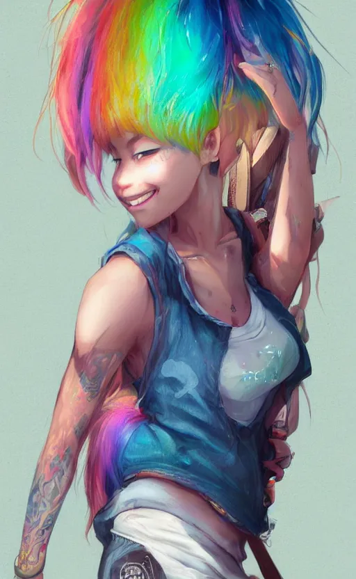 Image similar to a kawaii woman with rainbow hair smiling, tanktop and jeans, In style of by Jordan Grimmer and greg rutkowski, concept art, highly detailed