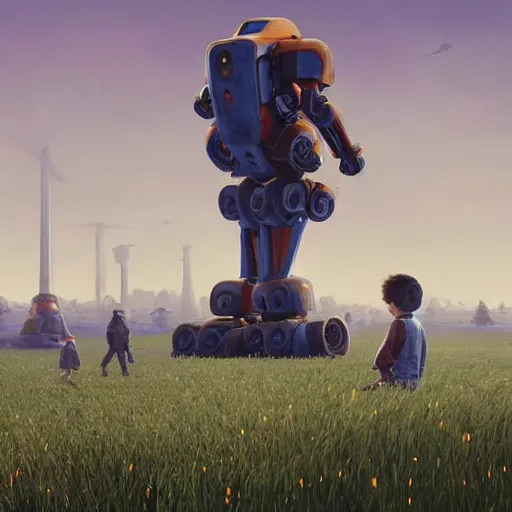 Image similar to giant mech stands over hay field by simon stalenhag, atmospheric haze, children in white jackets below look up, misty blue hour, sci fi digital painting, unreal engine 5, photorealism, hd quality, 8 k resolution, cinema 4 d, 3 d, cinematic, professional photography, art by artgerm and greg rutkowski and alphonse mucha and loish and wlop