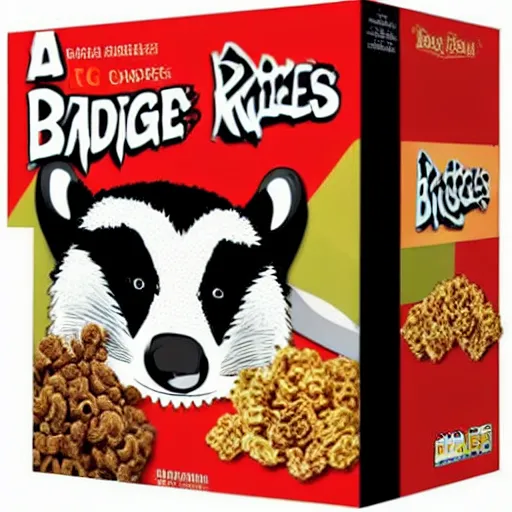 Image similar to A box of Badger Bites cereal, featuring the cereal mascot, Bruce the Badger