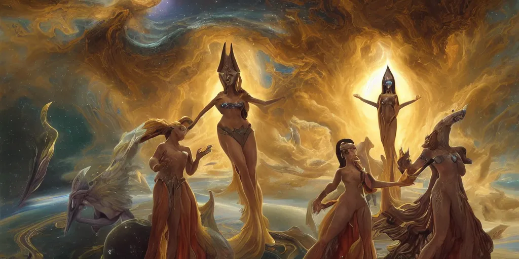 Prompt: oil painting, etheric majestic celestial castle, beautiful females, hybrid atlantean anubis elsa jean alien warrior, epic fantasy battle, birds eye view, stellar space, cosmic universe, nebula, digital art, airbrush, regal, refined, atmosphere, michael whelan, william - adolphe bouguereau, unreal engine, 8 k hd