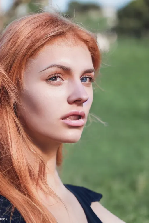 Image similar to olive skinned female model in her twenties with strawberry - blonde hair, wearing a designer top, looking content, focused on her neck, photo realistic, extreme detail skin, natural beauty, no filter, slr, golden hour, 4 k, high definition, selfie