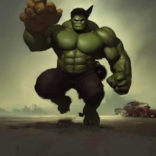 Image similar to A rabbit with the body of the Hulk and with a motorcycle by his side, Greg rutkowski, trend in artstation, cinematographic