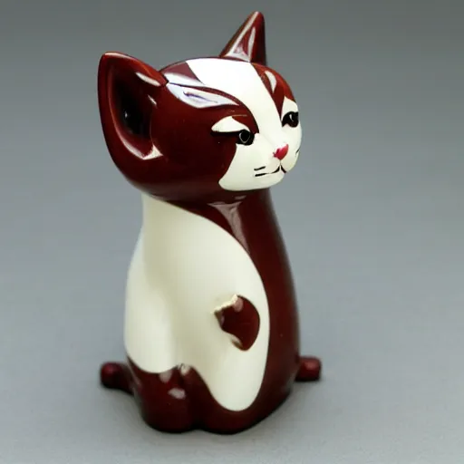 Image similar to demure anthropomorphic cat figurine wearing a kimono, brown resin, highly detailed, intricate, monotone, head tilted down