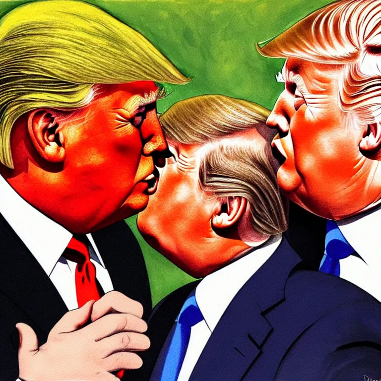 Image similar to putin and trump ftaternal kiss, art by dmitri vrubel