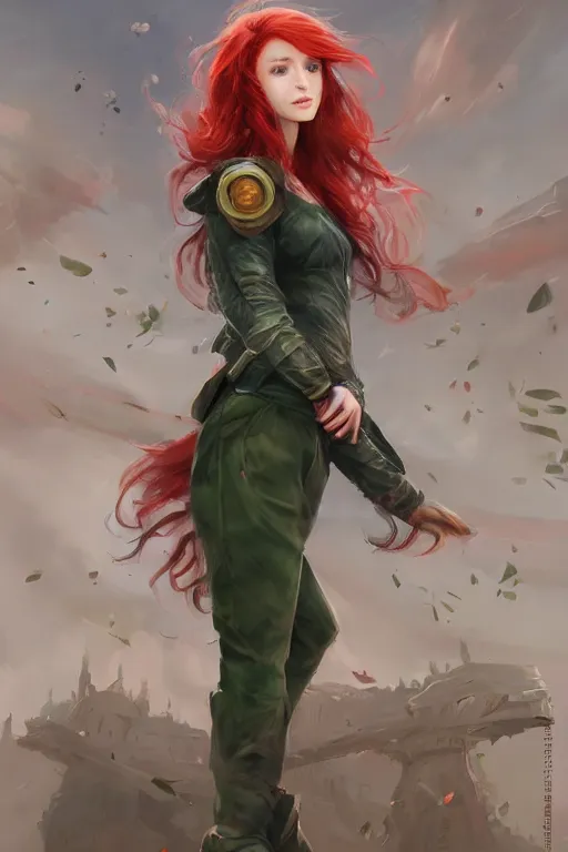 Image similar to beautiful cute red haired joyful and playful nineteen year old maiden standing up in casual green clothing, long hair, modern city, rpg character, sci - fi, fantasy, intricate, elegant, digital painting, artstation, concept art, smooth, 8 k frostbite 3 engine, ultra detailed, art by artgerm and greg rutkowski and magali villeneuve