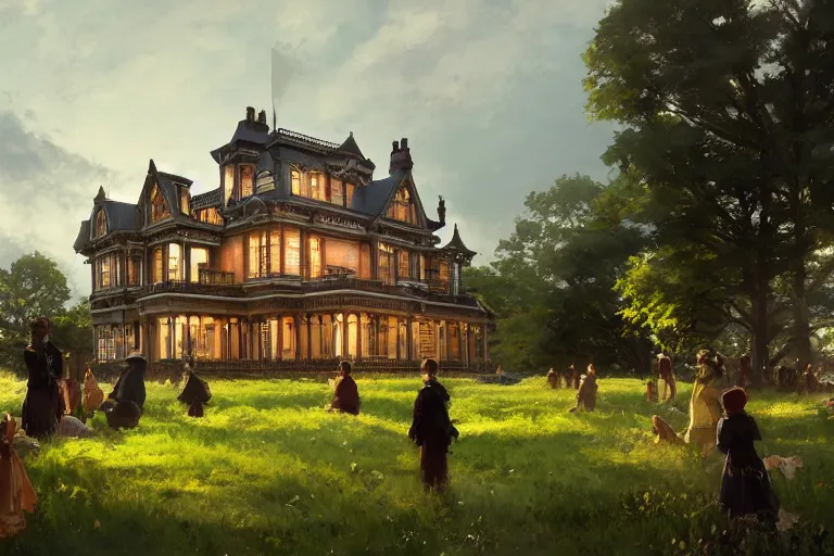 Image similar to an ornate victorian house, party in front, scene in an open field. 1 8 9 0, key visual, conceptart, ambient lighting, highly detailed, digital painting, artstation, concept art, sharp focus, by makoto shinkai and akihiko yoshida and greg manchess