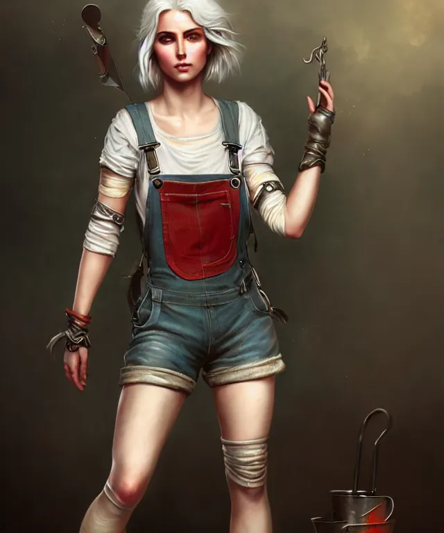 Image similar to full body pose, ciri, torn overalls, short shorts, combat boots, beautiful, highly detailed face!, extremely detailed!, digital painting, unreal engine 5, art by tom bagshaw