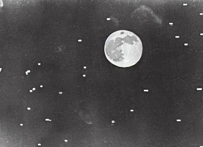 Prompt: vintage film still of the moon exploding shattering fragments in the sky around the exploding moon over new york city in the 1 9 2 0 s from the old sci - fi movie