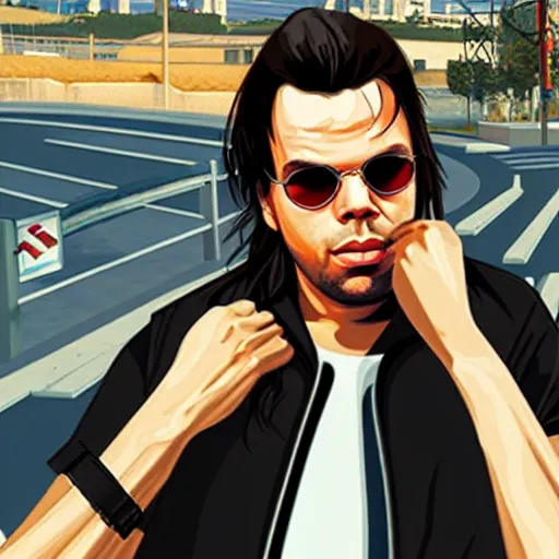 Prompt: orelsan in gta v covert art painted by stephen bliss, centered, uncropped