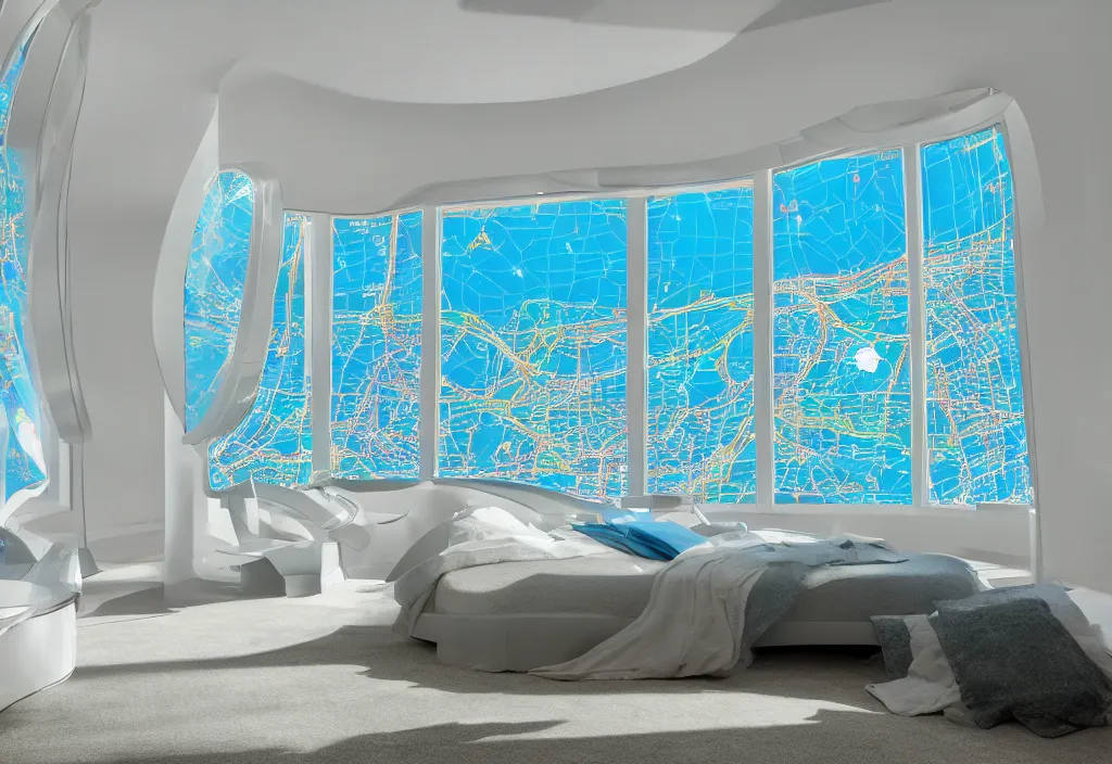 Image similar to curved translucent windows projecting florida holographic weathermap, pixel perfect photograph, high contrast, volumetric lighting, thin glowing lights, bedroom, visor, users, pair of keycards on table