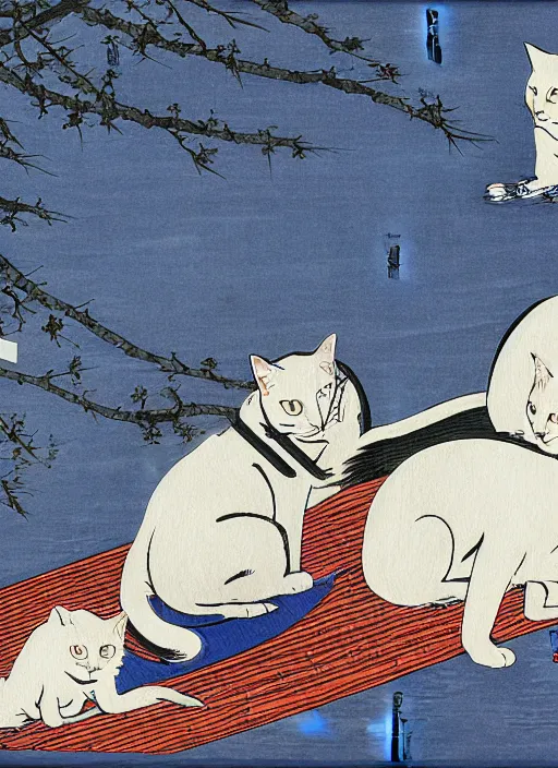 Image similar to whitecat with 2 baby white cats of utagawa hiroshige, digital painting 4 k uhd image, highly detailed