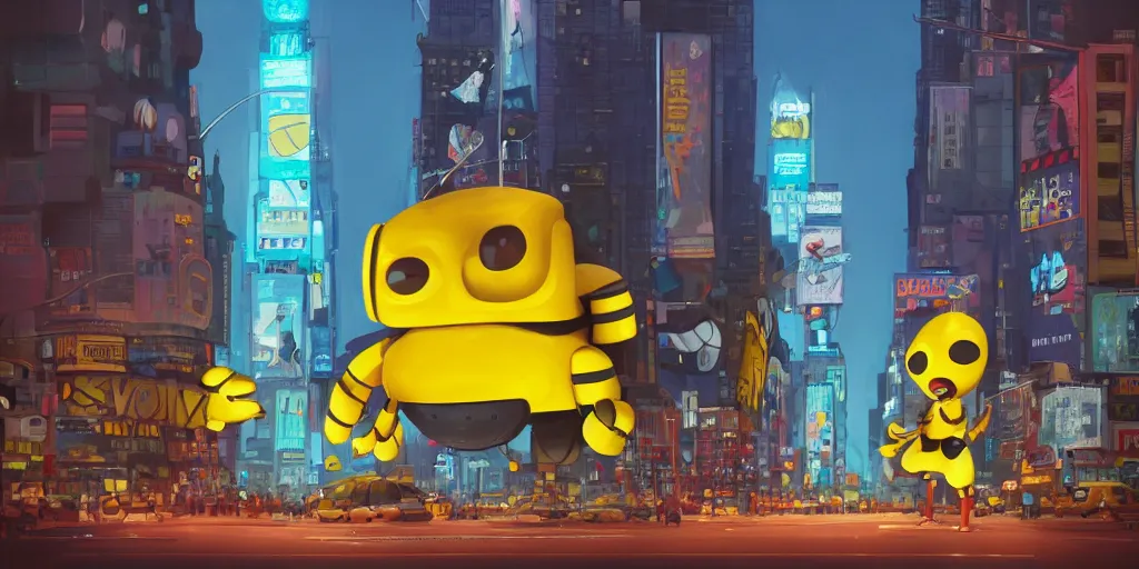 Prompt: cute cartoon bumblebee person in Times Square at night by Goro Fujita and Simon Stalenhag and Matt groening,8k, trending on artstation, hyper detailed, cinematic