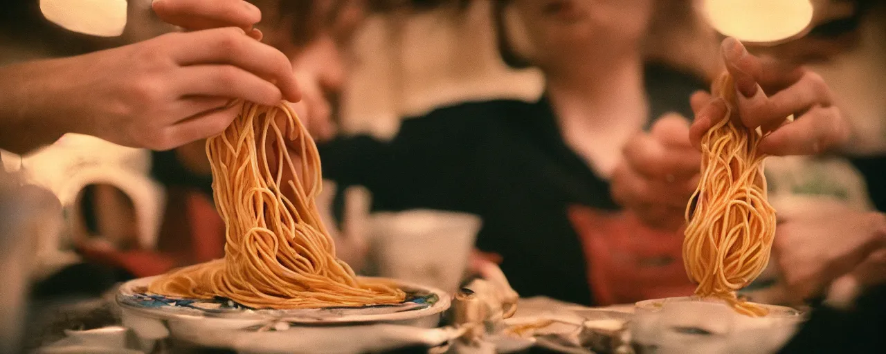 Image similar to an artist painting a portrait with spaghetti, canon 5 0 mm, cinematic lighting, photography, retro, film, kodachrome, closeup