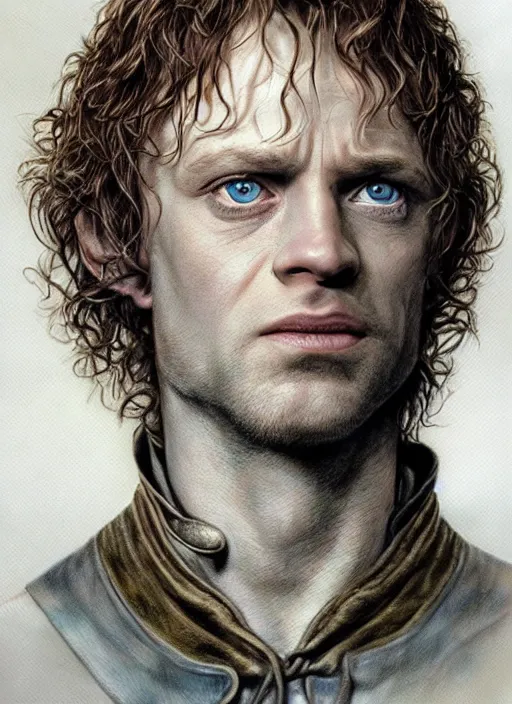 Image similar to portrait of pippin from lord of the rings, beautiful, very detailed, hyperrealistic, medium shot, very detailed painting by Glenn Fabry, by Joao Ruas