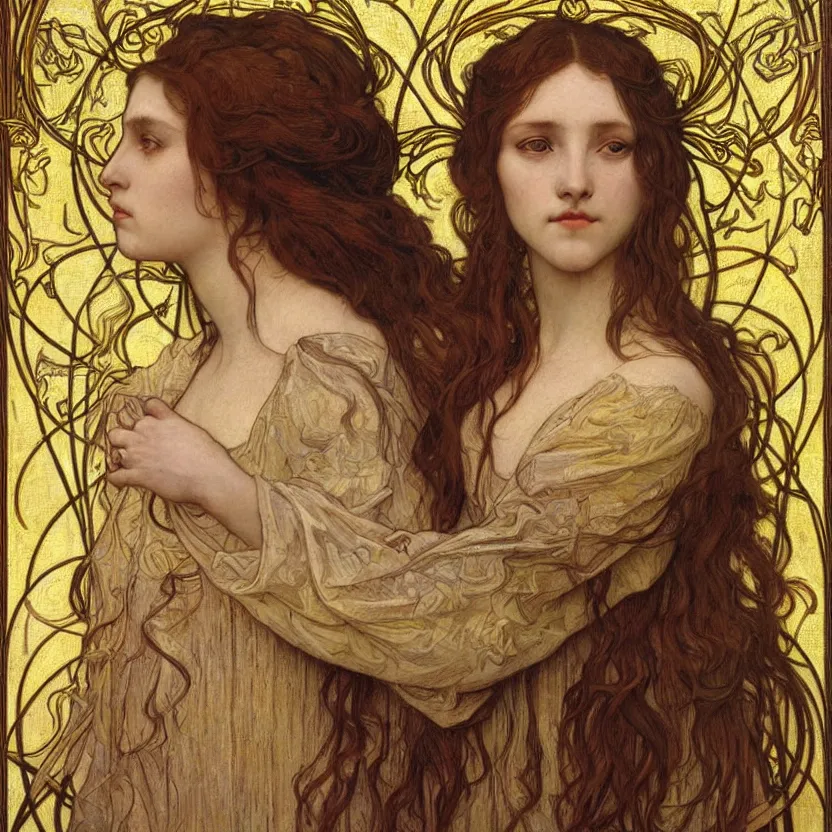 Image similar to detailed realistic beautiful young medieval queen face portrait by jean delville, alphonse mucha, vincent van gogh, and marco mazzoni, art nouveau, symbolist, visionary, gothic, pre - raphaelite