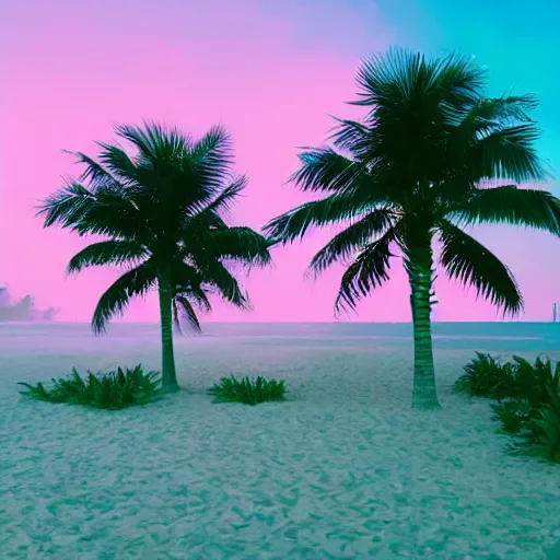 Prompt: palm trees on the beach, fog, pink-blue-green light, landscaping, natural, outdoor spaces,