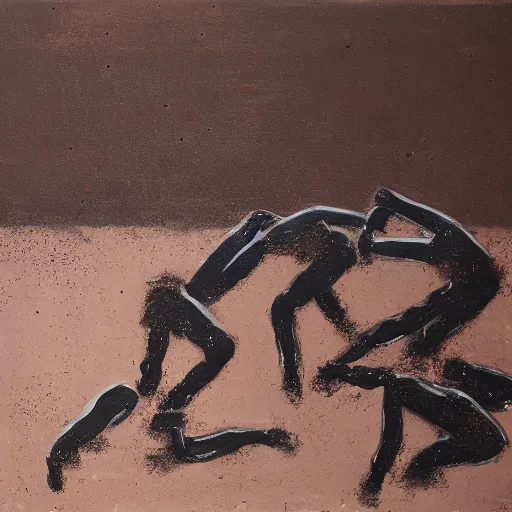 Image similar to 3 drunks fall over mud - wrestling,, oil painted ( ( ( ( ( ( by richard serra ) ) ) ) ) )