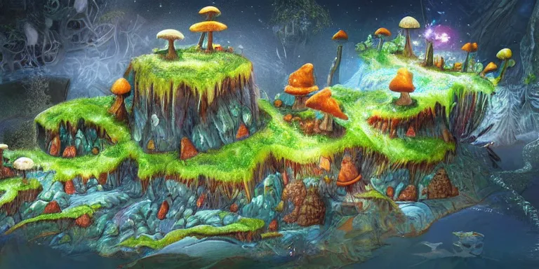 Prompt: a crystal and mushroom ridden world, extinct species, epic land formations, detailed, wide shot,