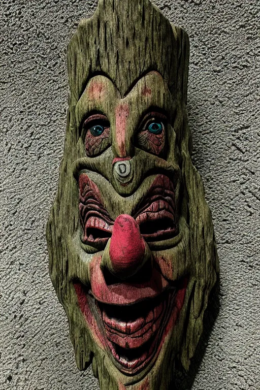 Image similar to terror clownvamp totem made in carved mossy wood, realistic and ultra detailed, texturized, indirect volummetric light, mask effect layer, sharpen and antialiased